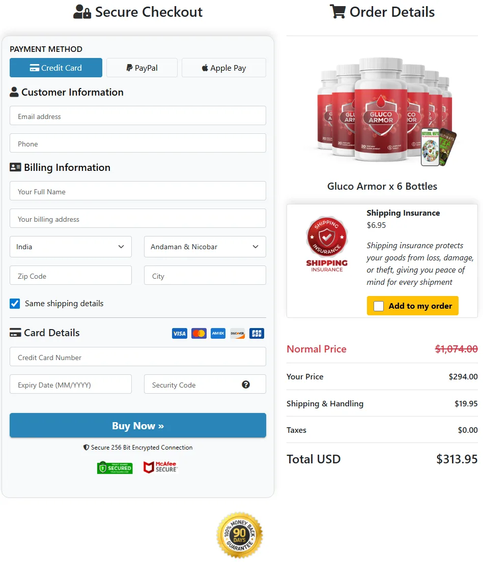 Gluco Armor secure checkout with SSL encryption
